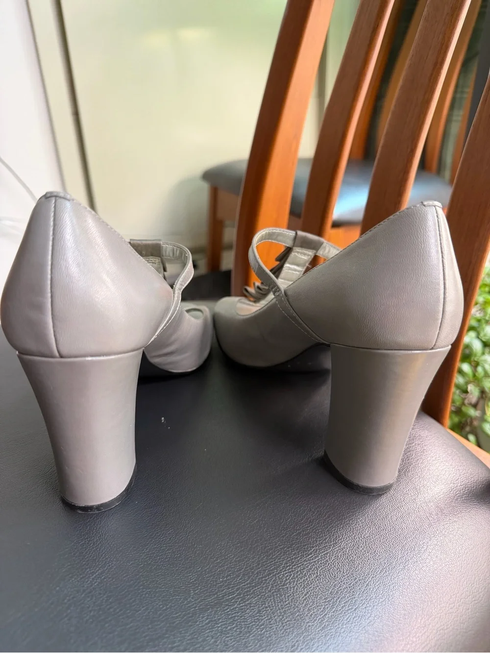 Tahari Gray Mary Peep-Toe T-Strap Heels with Ruffle Accent